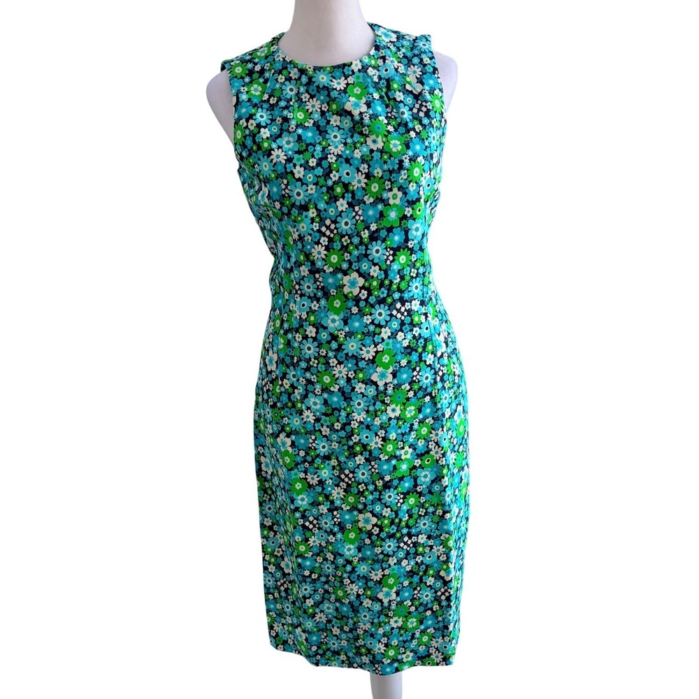 Michael Kors Collection Floral Print Knee-Length Sheath Dress Blue Green Size 6